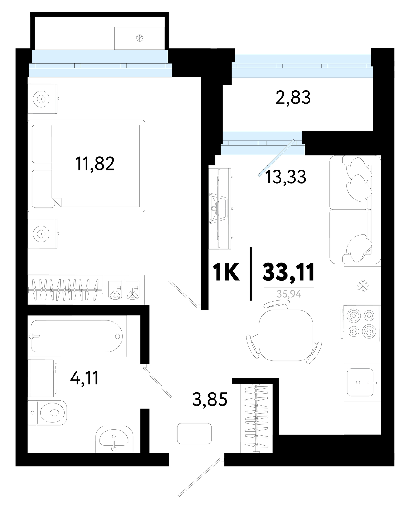 Планировка: Евродвушка 33.1 м² в ЖК Символ, Комарово Парк