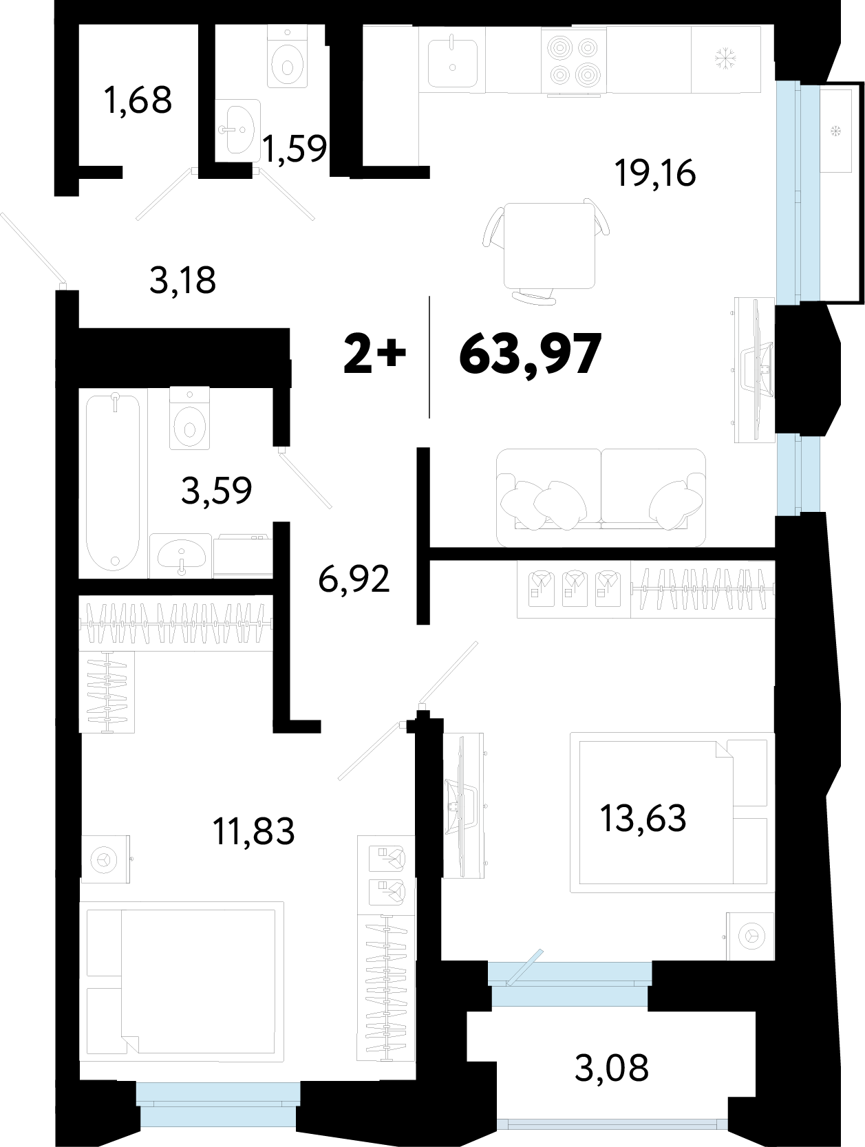 Планировка: Евротрешка 64 м² в ЖК Кедровый берег, Лесобаза