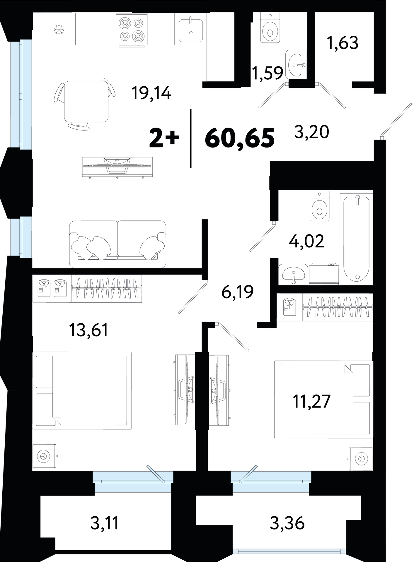 Планировка: Евротрешка 60.6 м² в ЖК Кедровый берег, Лесобаза