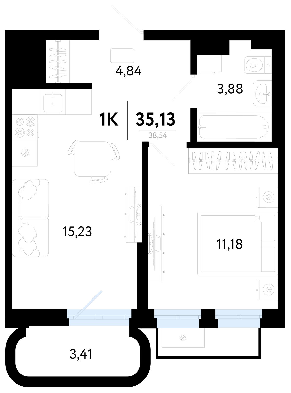 Планировка: Евродвушка 35.1 м² в ЖК Символ, Комарово Парк