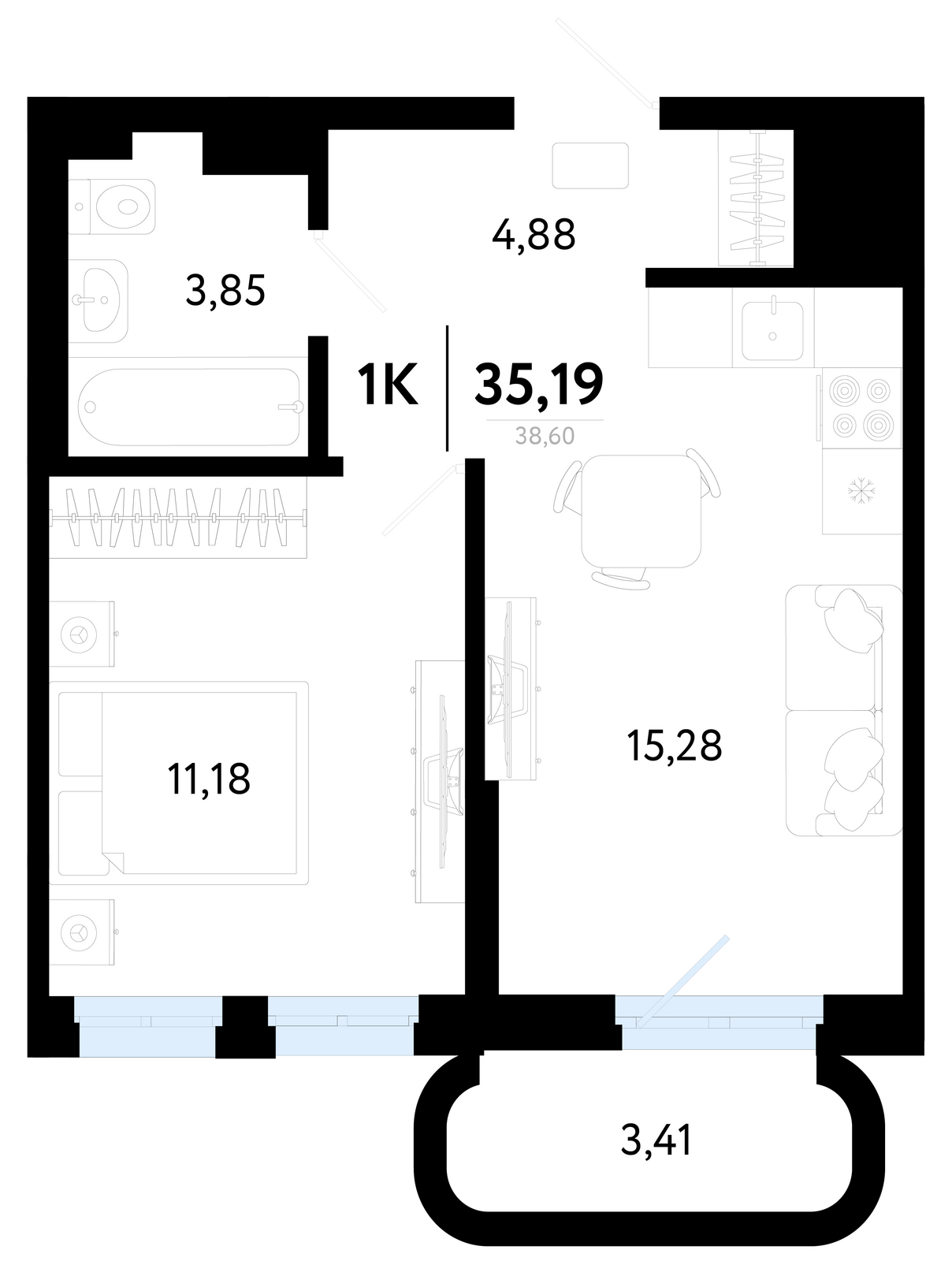 Планировка: Евродвушка 35.2 м² в ЖК Символ, Комарово Парк