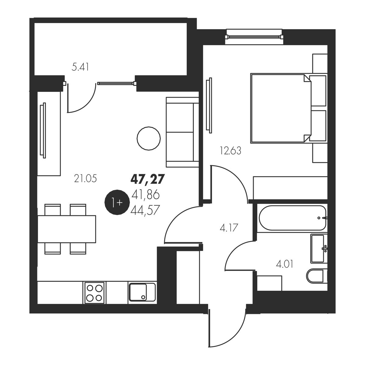 Планировка: Евродвушка 47.3 м² в ЖК Новый, Патрушева