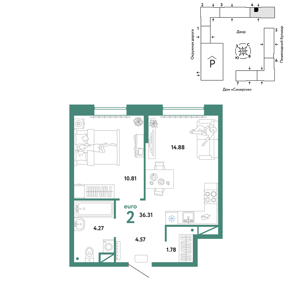 Планировка: Евродвушка 36.3 м² в ЖК Юнион, Плеханово