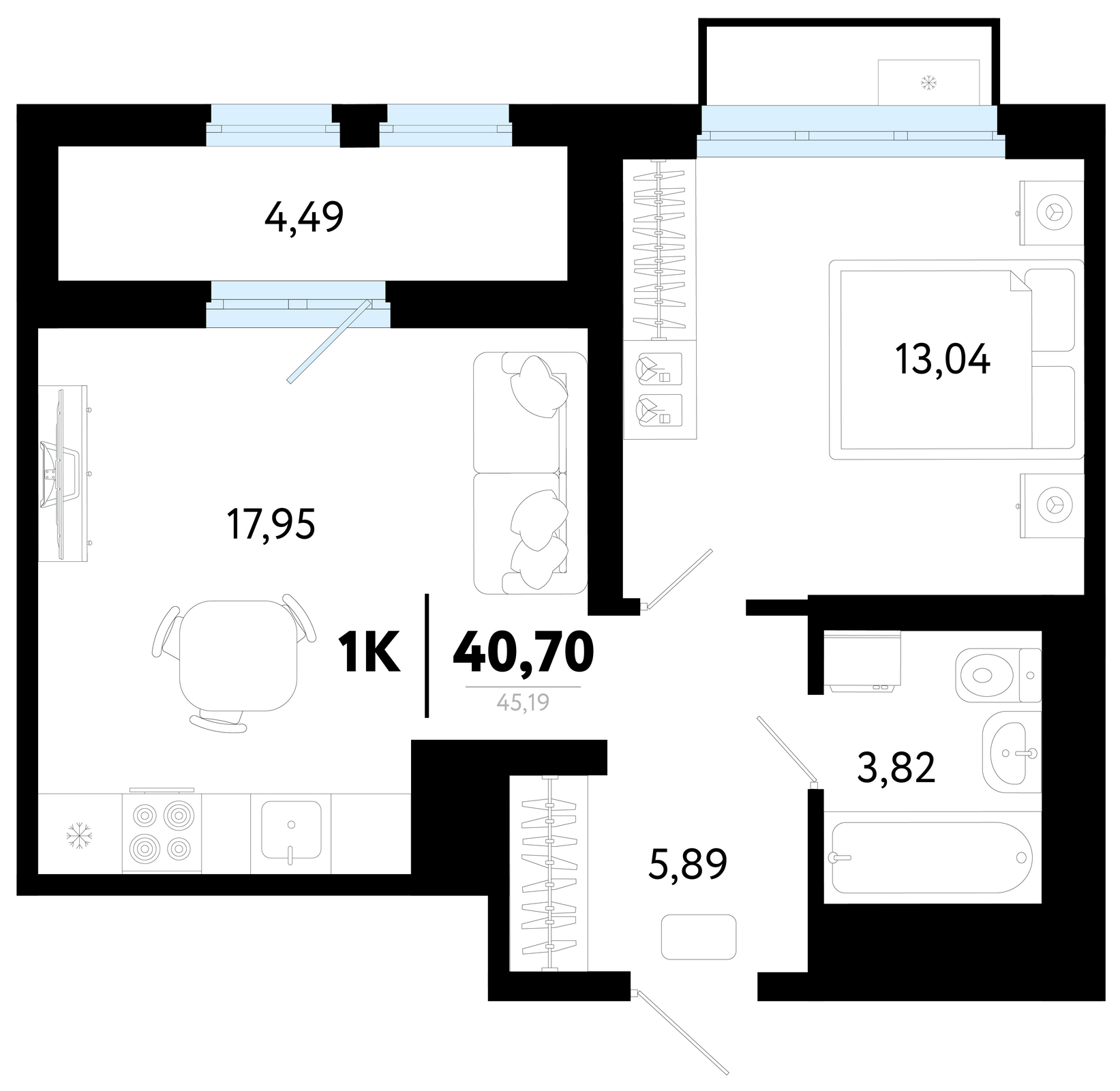 Планировка: Евродвушка 40.7 м² в ЖК Символ, Комарово Парк