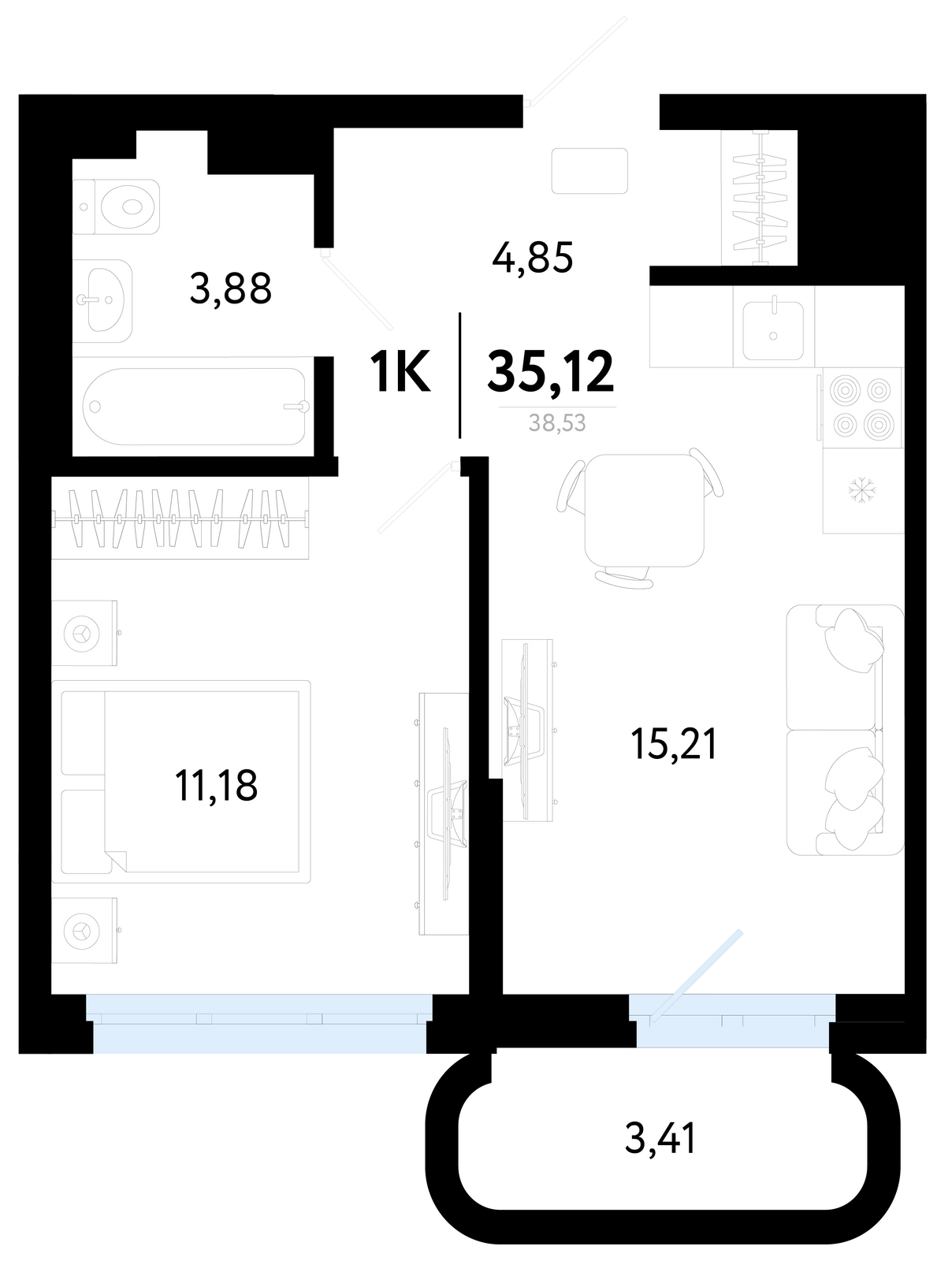 Планировка: Евродвушка 35.1 м² в ЖК Символ, Комарово Парк