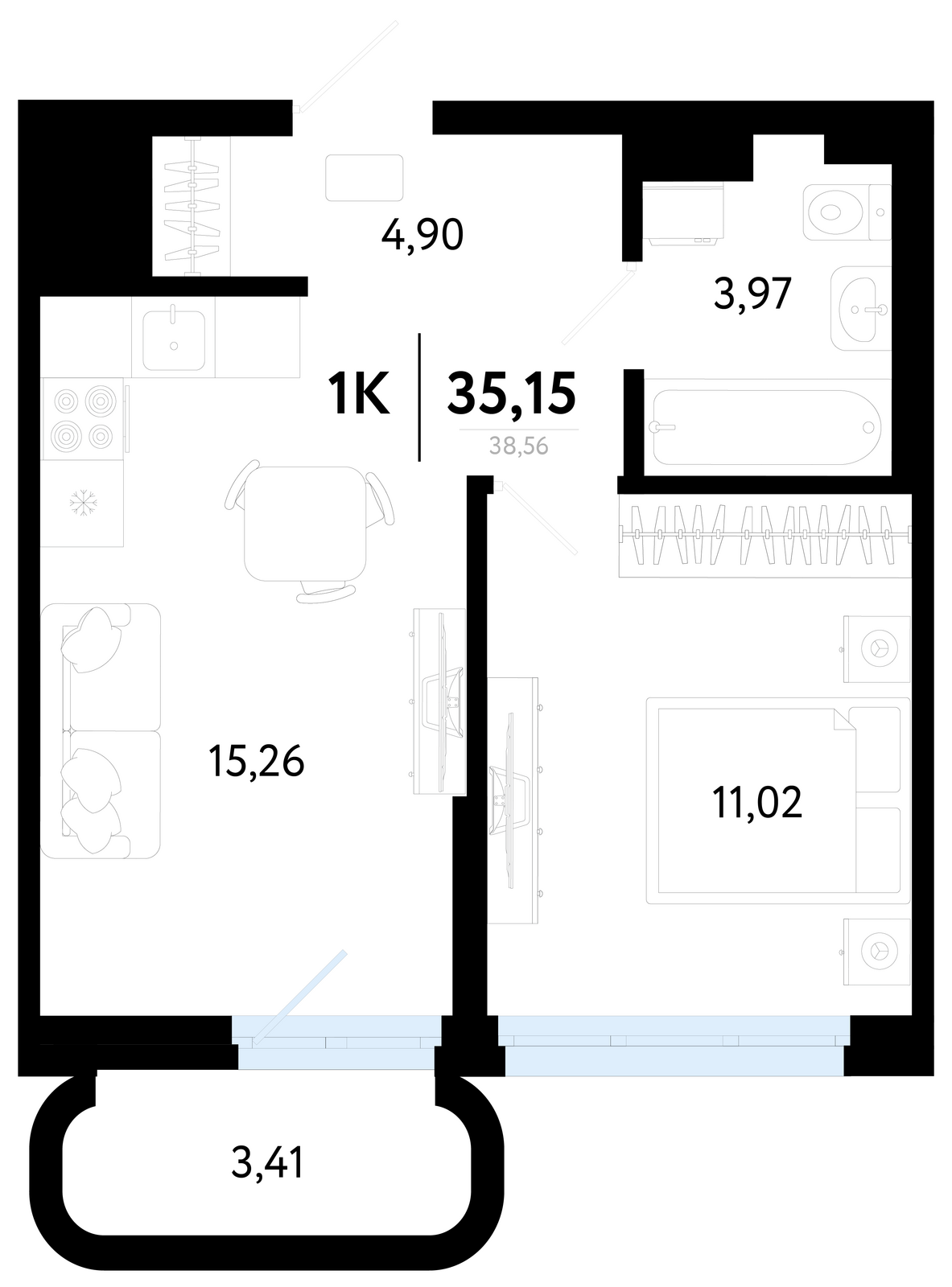 Планировка: Евродвушка 35.1 м² в ЖК Символ, Комарово Парк