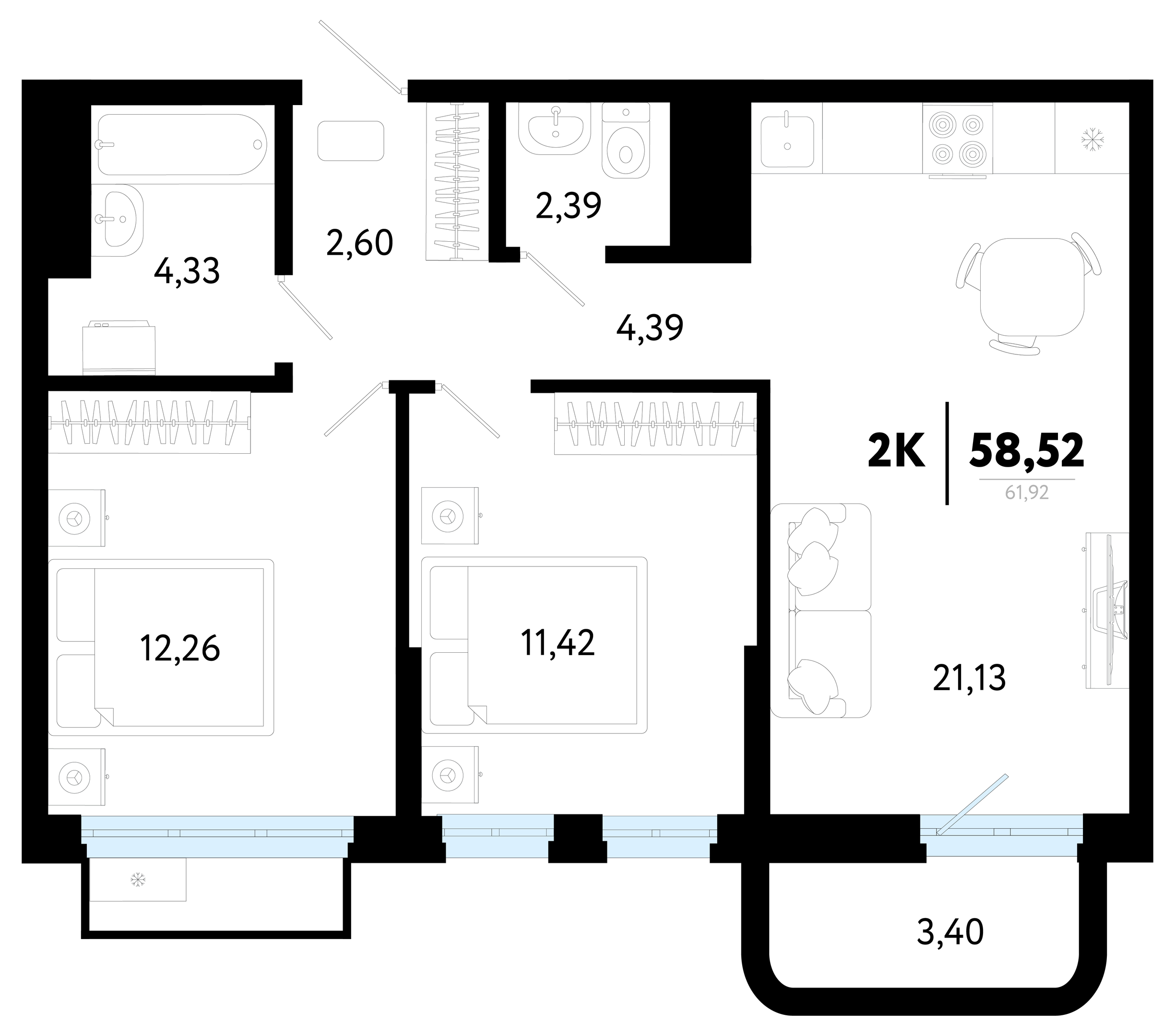 Планировка: Евротрешка 58.5 м² в ЖК Символ, Комарово Парк