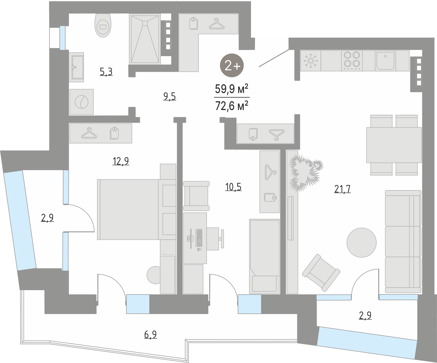 Планировка: Евротрешка 59.9 м² в ЖК Кипрея, Область