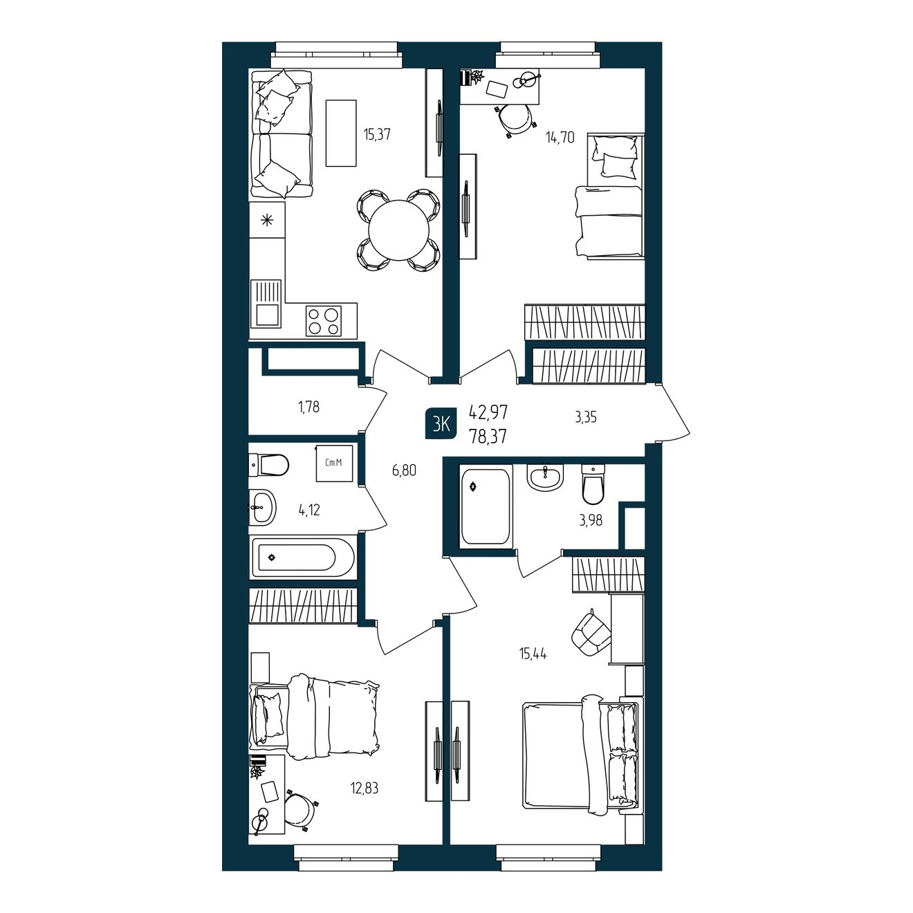 Планировка: 4-комнатная евро 78.4 м² в ЖК Квартал мятный, Мыс