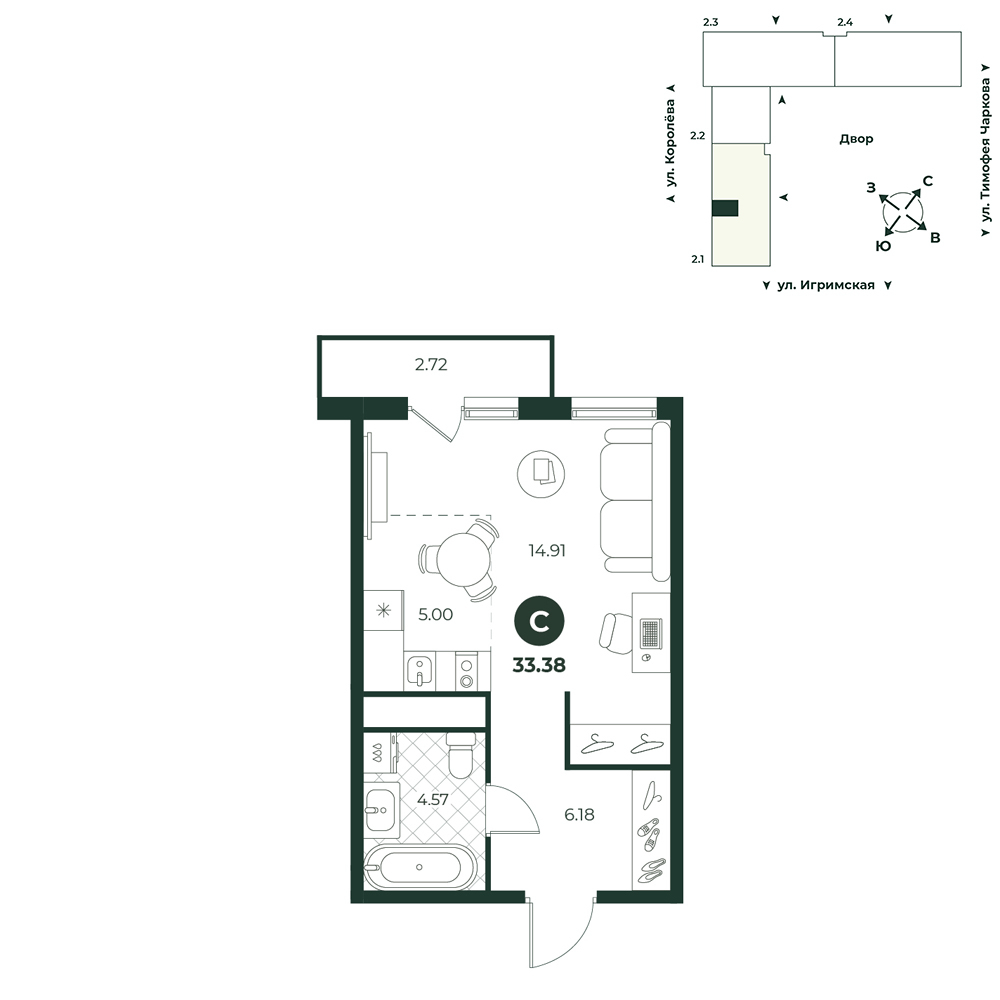 Планировка: Студия 33.4 м² в ЖК Игрим, От Тарманов до Тобольского тракта