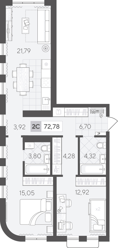 Планировка: Евротрешка 72.8 м² в ЖК Скандиа. Квартал в Комарово Парк, Комарово Парк
