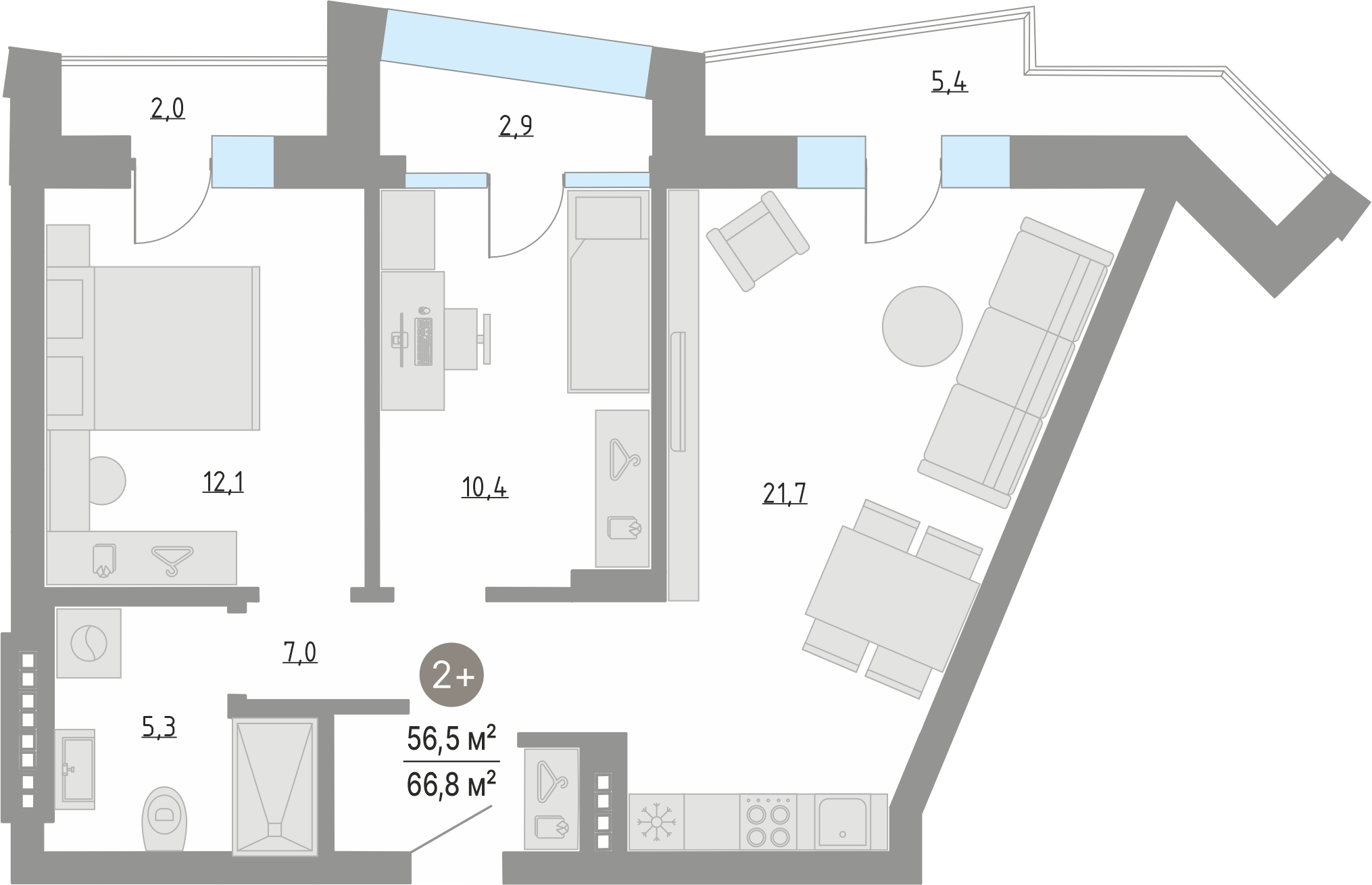 Планировка: Евротрешка 56.5 м² в ЖК Кипрея, Область