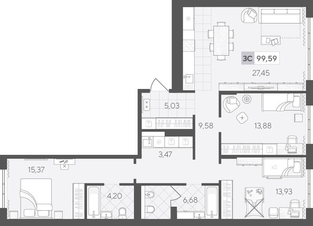 Планировка: 4-комнатная евро 99.6 м² в ЖК Скандиа. Квартал у озера, Лесобаза