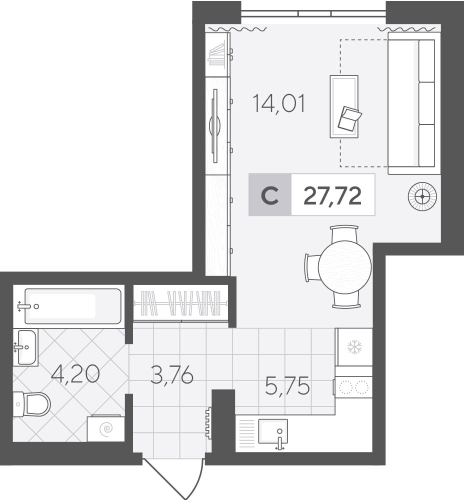 Планировка: Студия 27.7 м² в ЖК Скандиа. Квартал у озера, Лесобаза