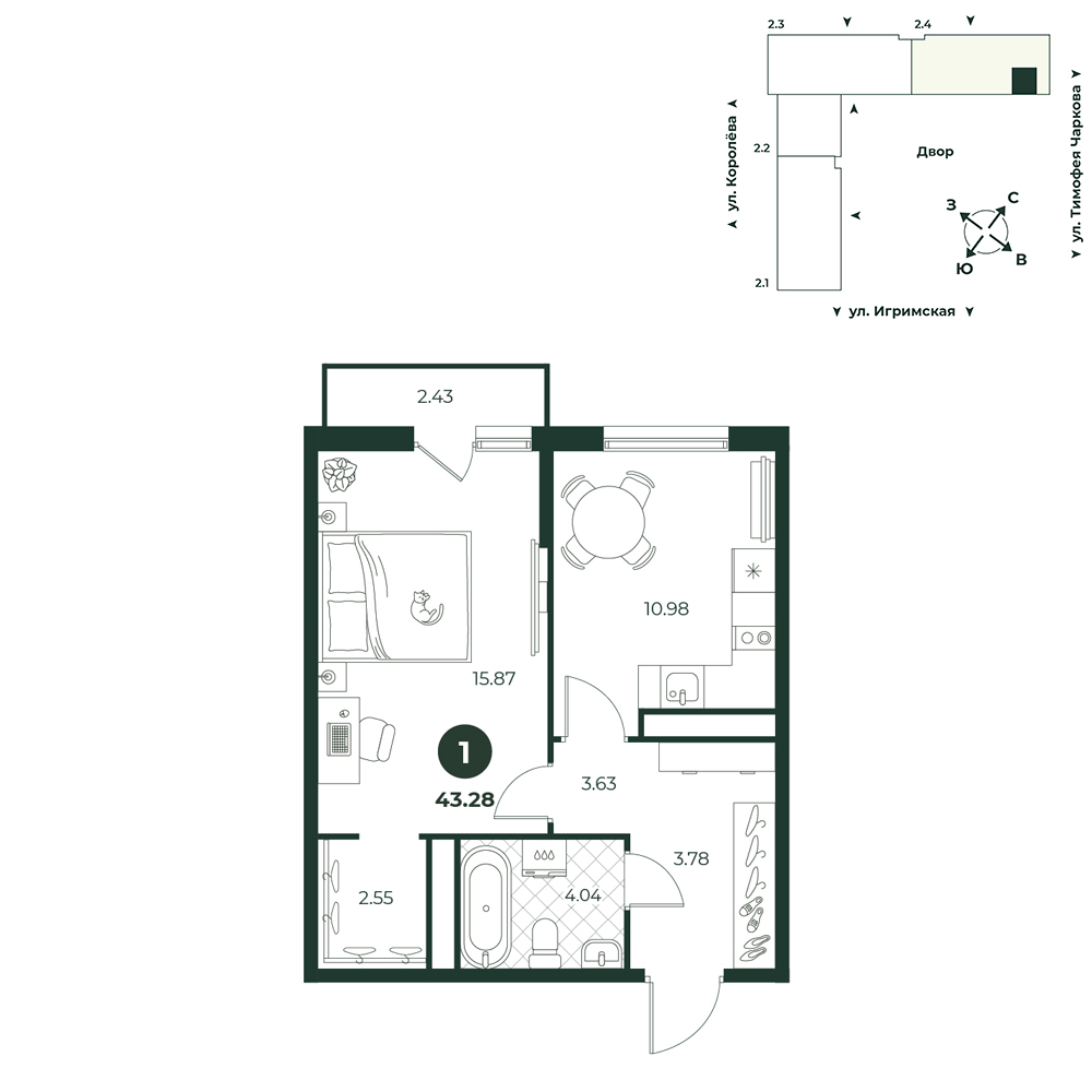 Планировка: 1-комнатная 43.3 м² в ЖК Игрим, От Тарманов до Тобольского тракта