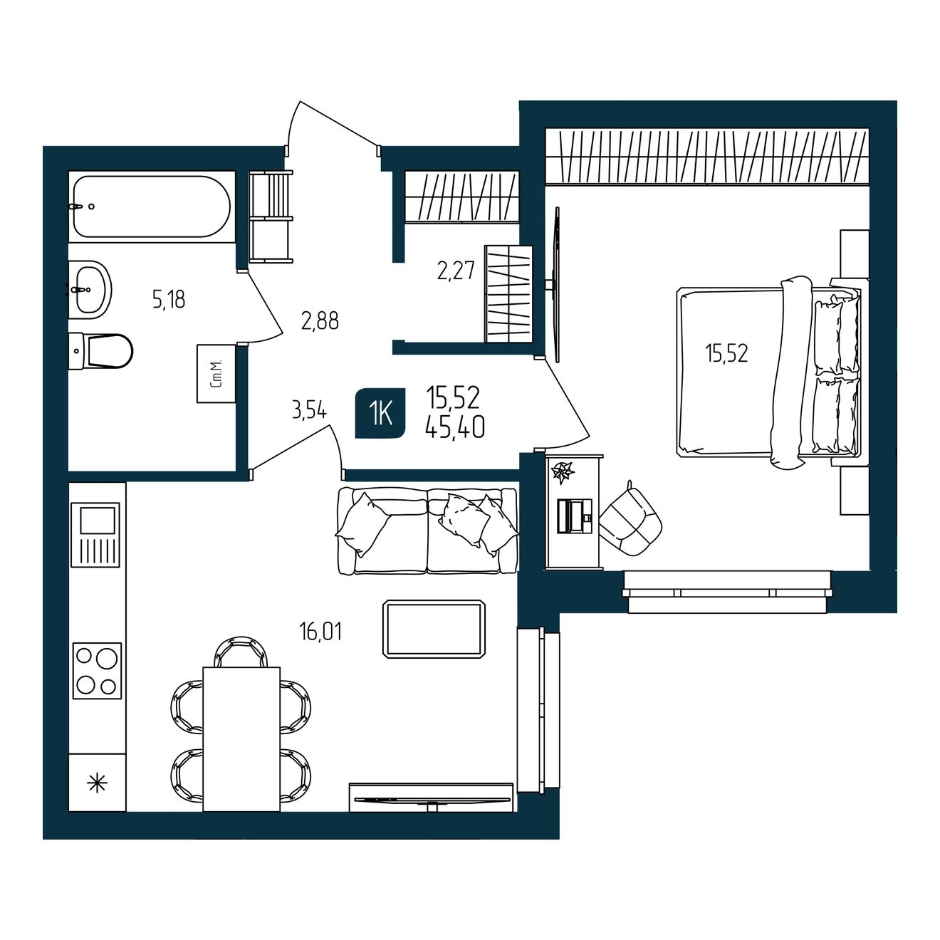 Планировка: Евродвушка 45.4 м² в ЖК Квартал мятный, Мыс