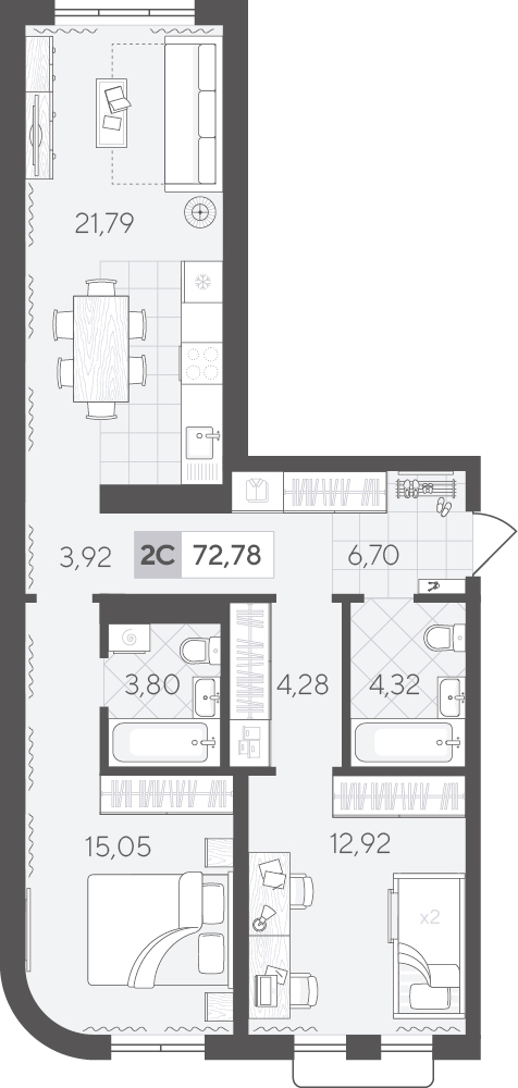 Планировка: Евротрешка 72.8 м² в ЖК Скандиа. Квартал в Комарово Парк, Комарово Парк