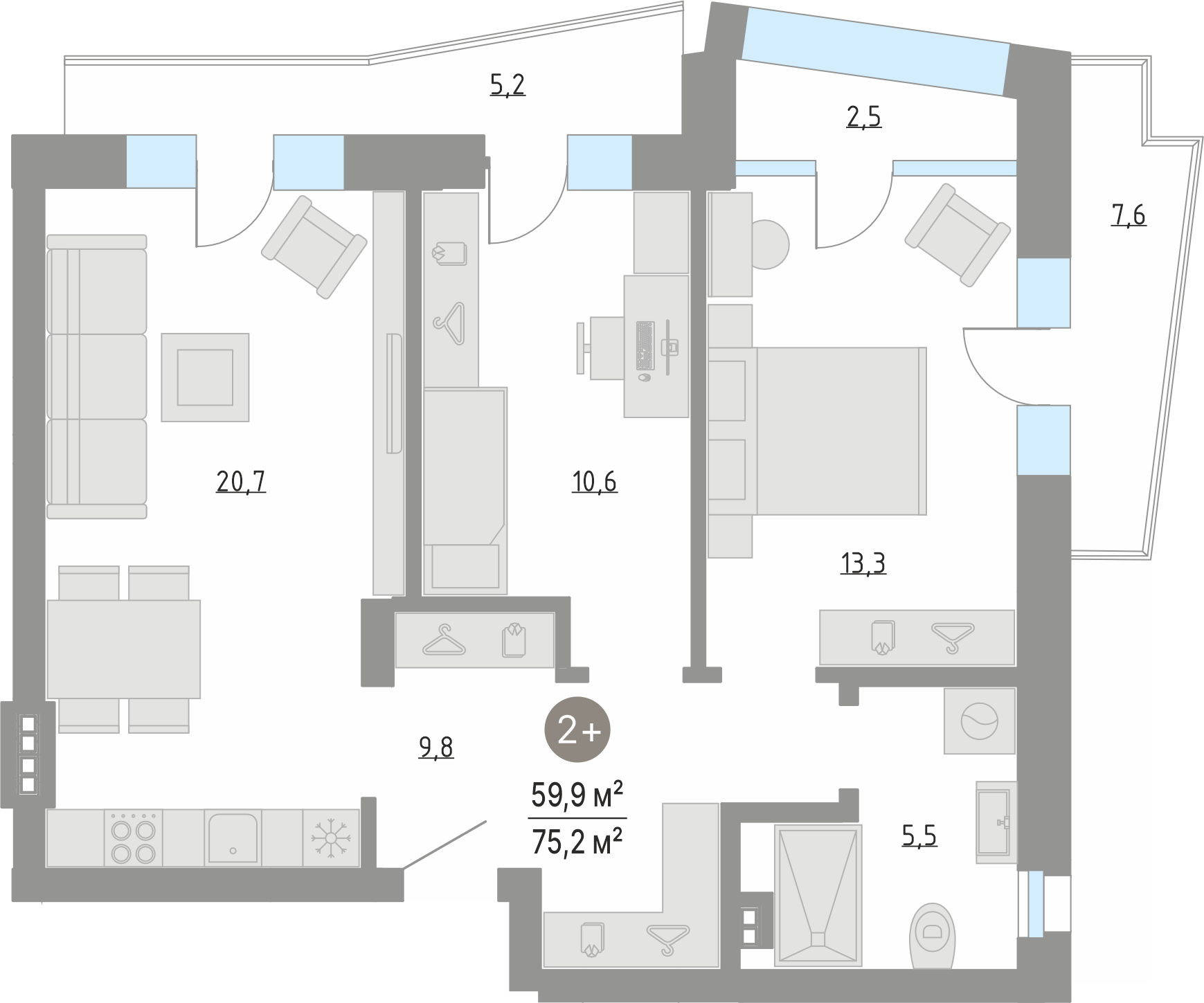 Планировка: Евротрешка 59.9 м² в ЖК Кипрея, Область