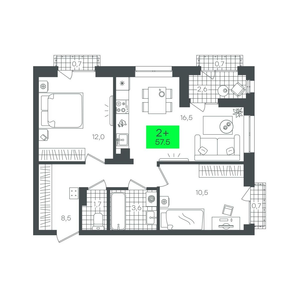 Планировка: Евротрешка 57.5 м² в ЖК Сезоны, От Слободы до Комарово парк