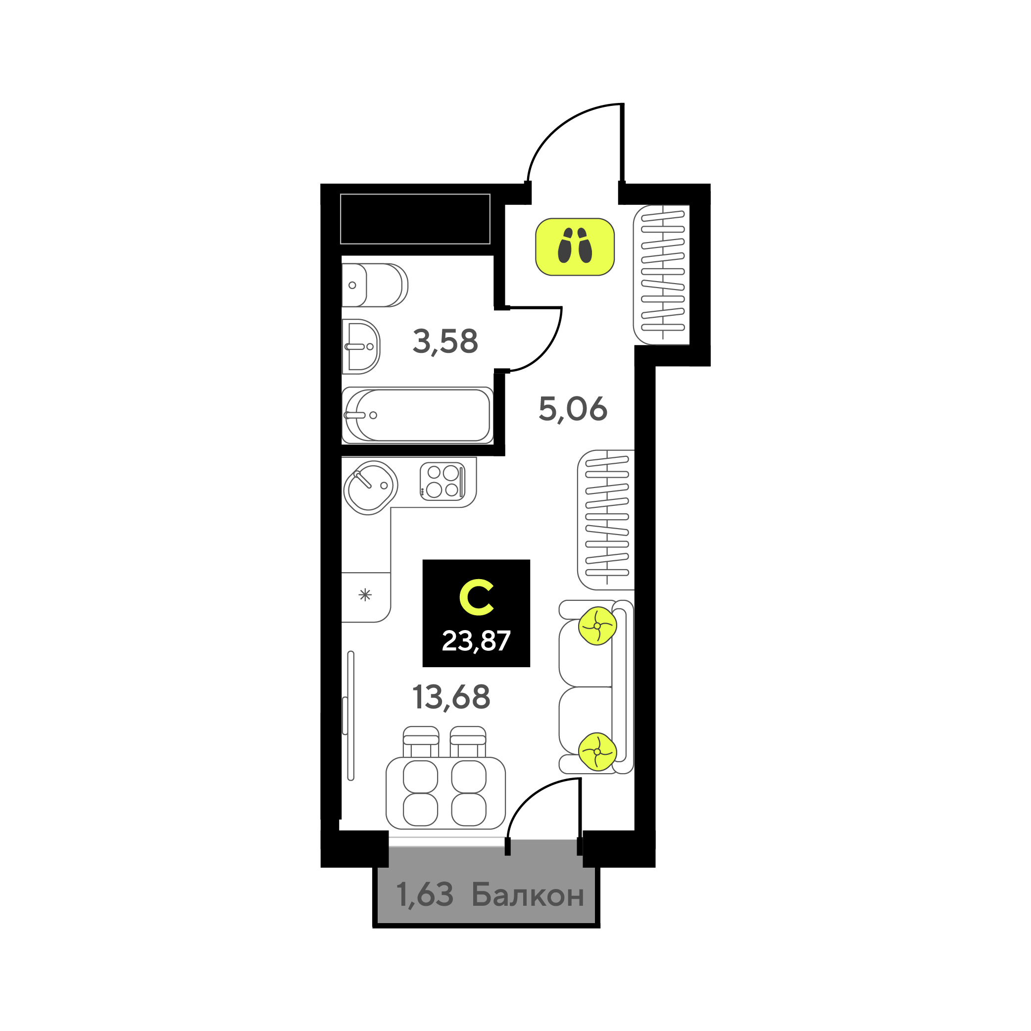 Планировка: Студия 23.9 м² в ЖК Мотивы, От Плеханова до Южного