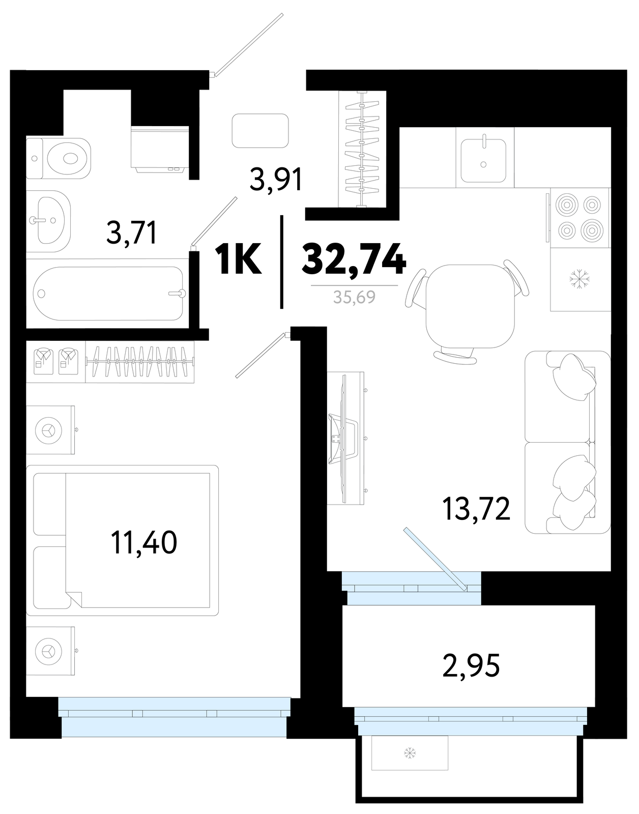 Планировка: Евродвушка 32.7 м² в ЖК Символ, Комарово Парк