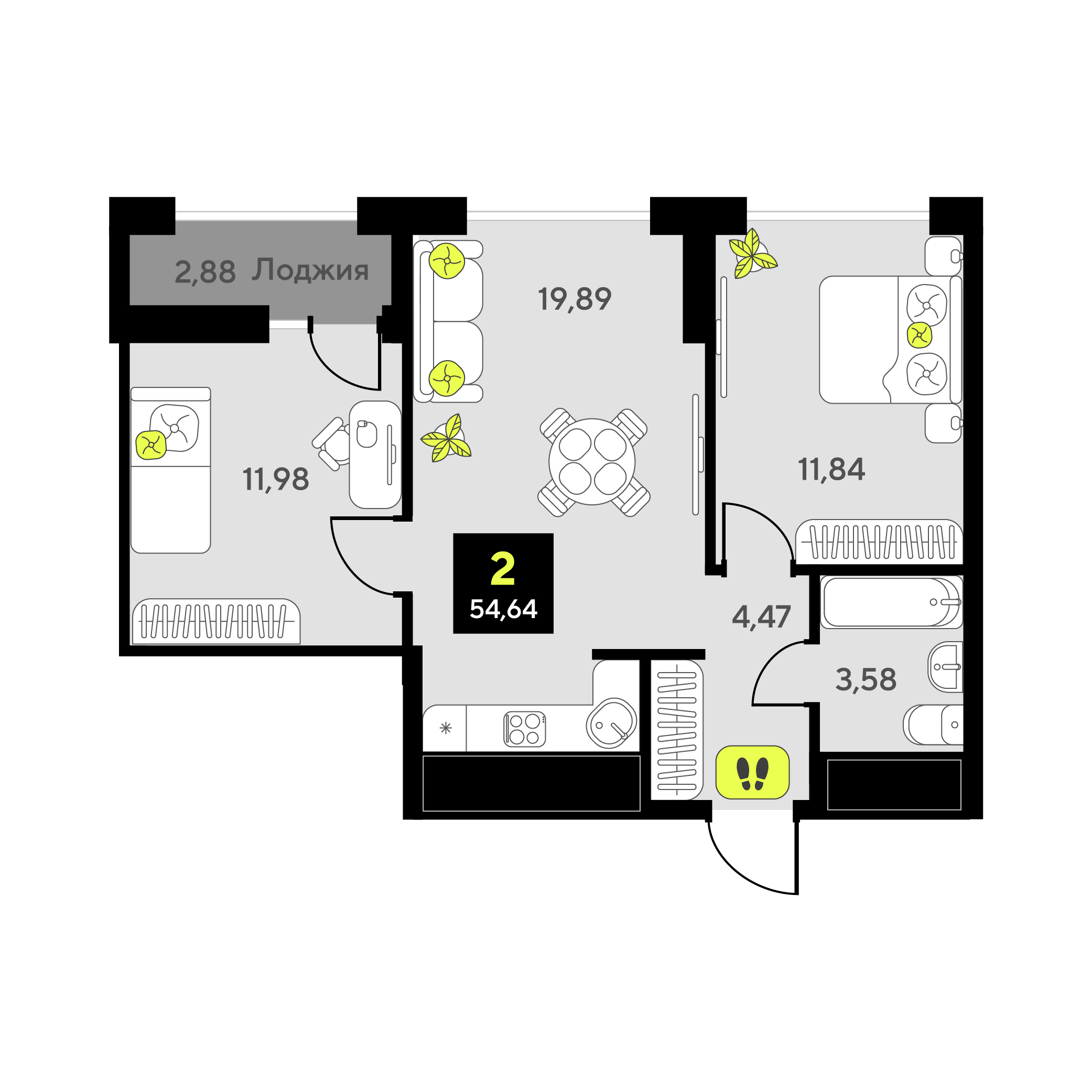 Планировка: Евротрешка 54.6 м² в ЖК Мотивы, От Плеханова до Южного