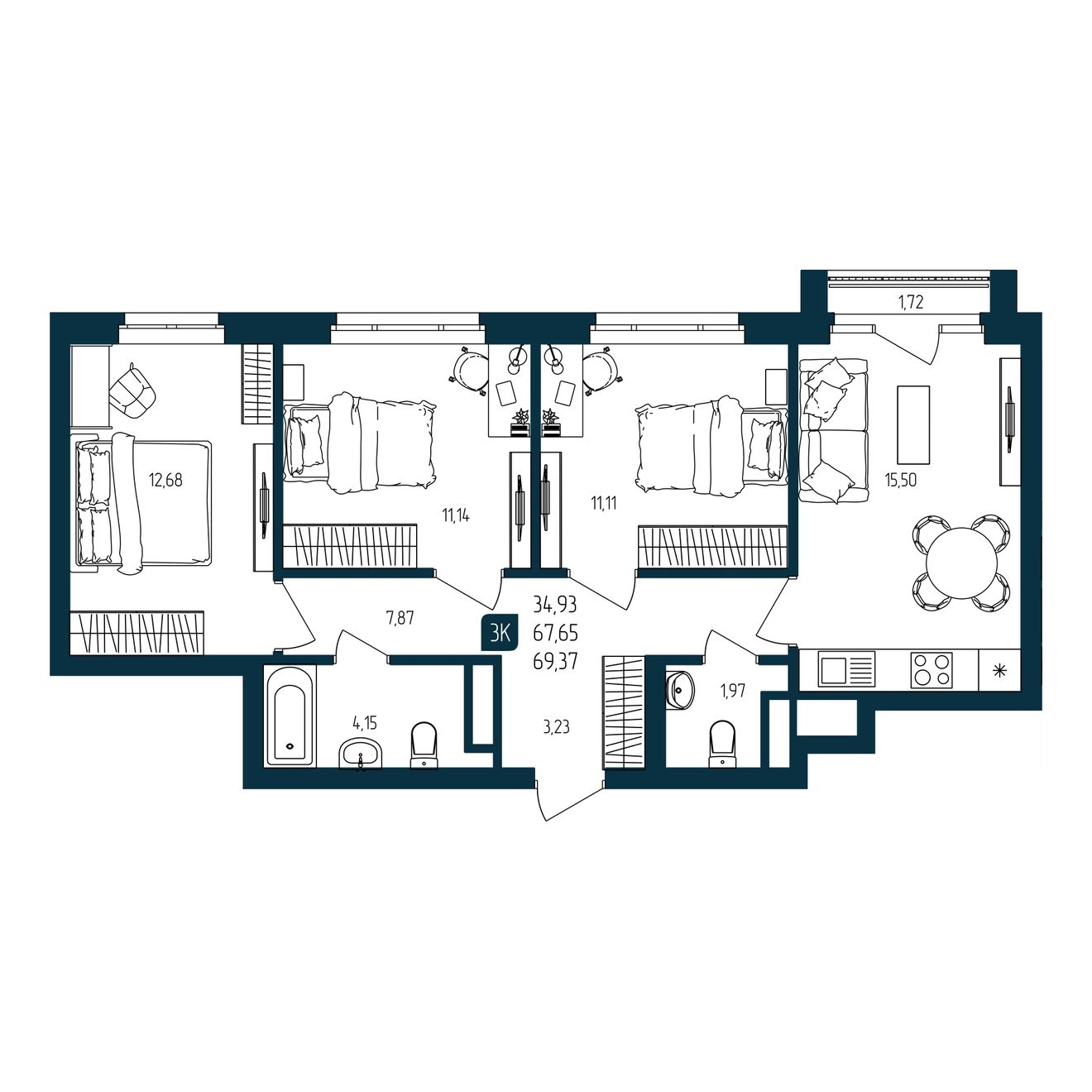 Планировка: 4-комнатная евро 67.7 м² в ЖК Квартал мятный, Мыс