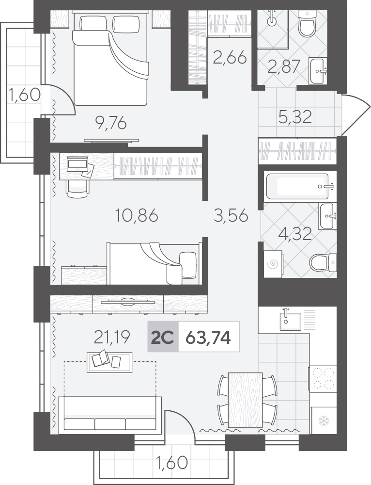 Планировка: Евротрешка 63.7 м² в ЖК Скандиа. Квартал в Комарово Парк, Комарово Парк