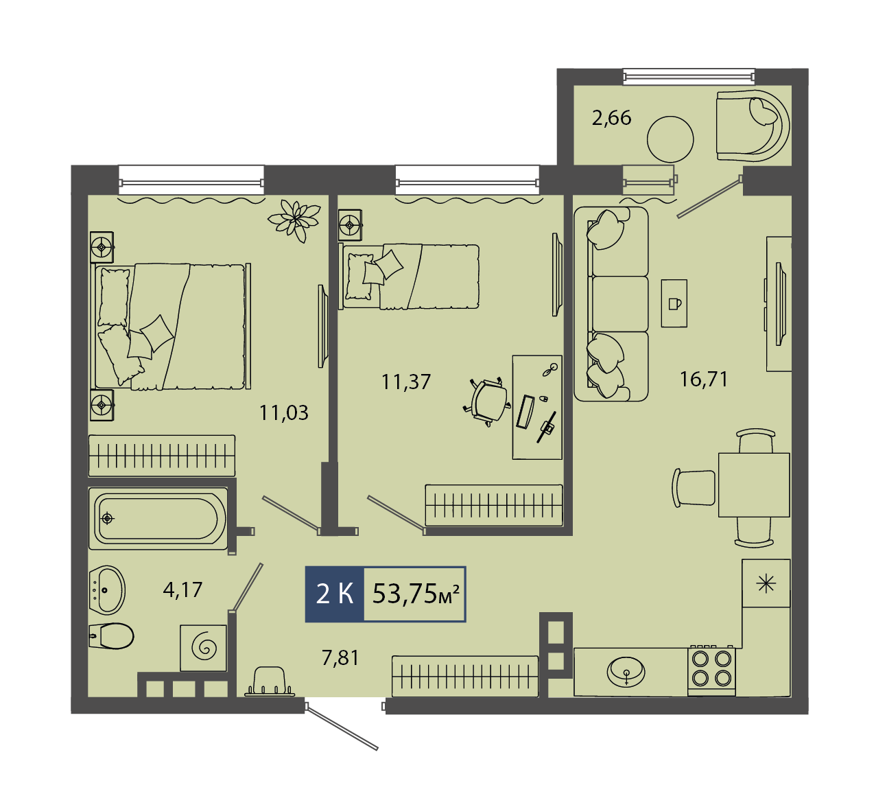 Планировка: Евротрешка 53.8 м² в ЖК Смородина, Мелиораторов
