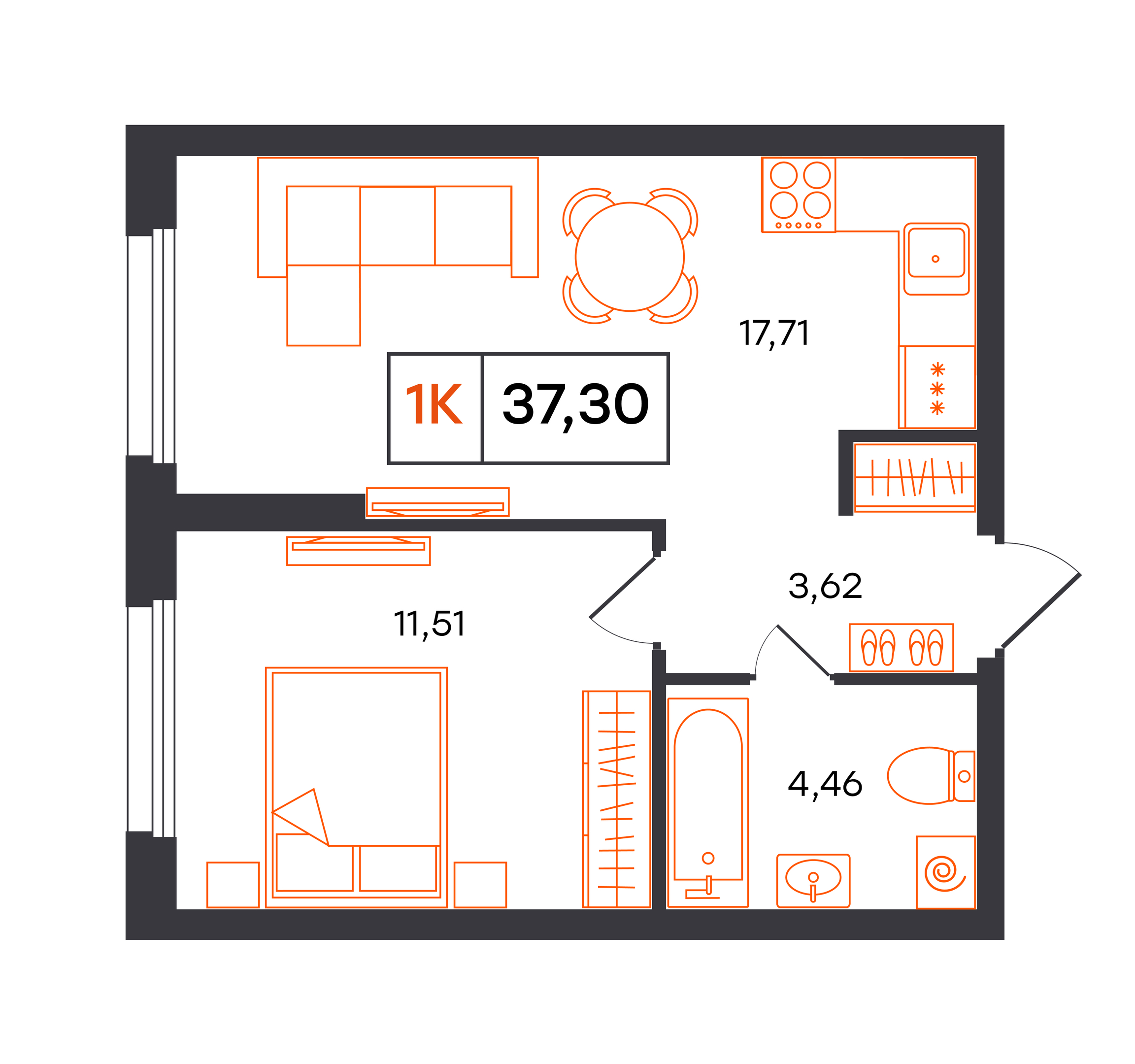 Планировка: Евродвушка 37.3 м² в ЖК Фатера, Дом Обороны