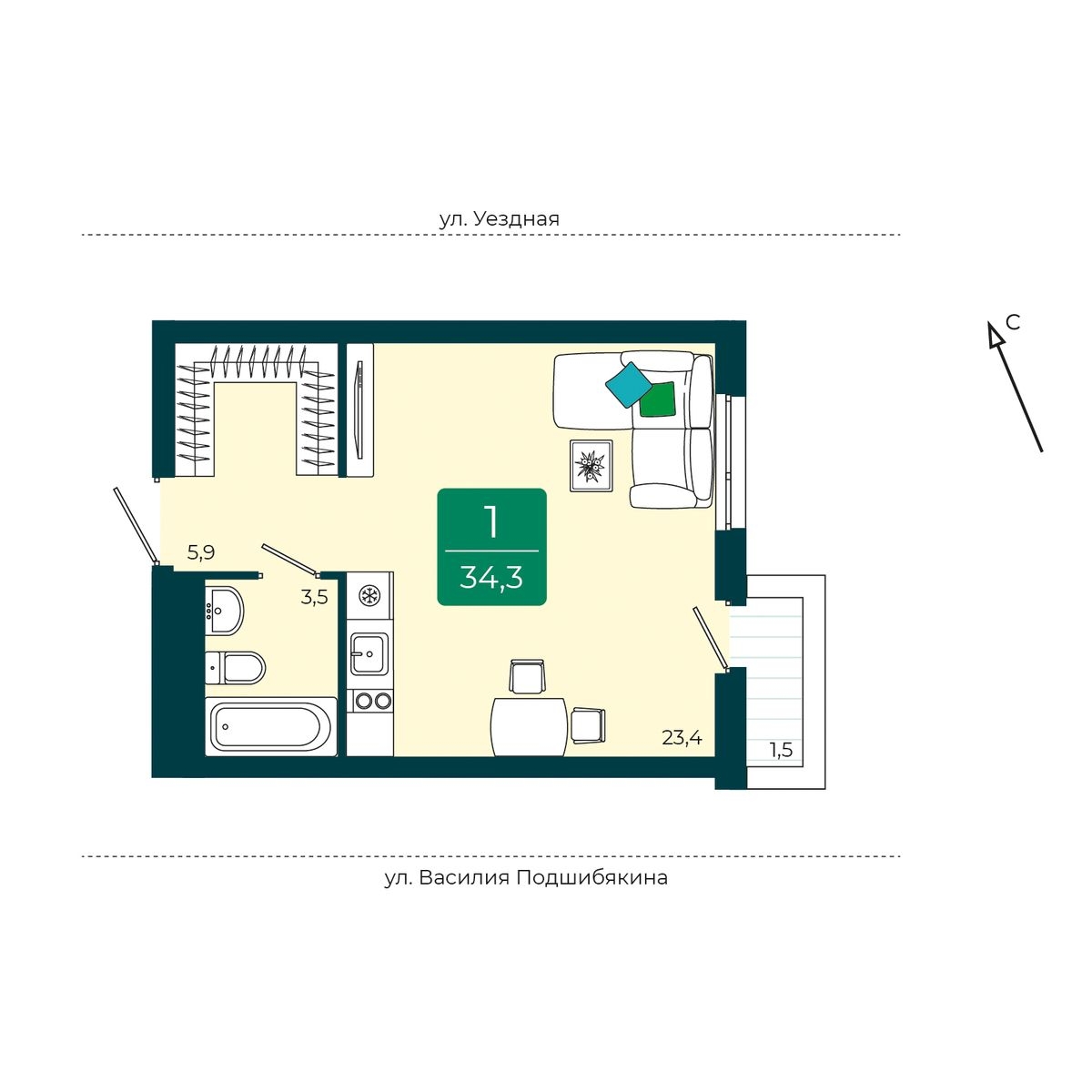 Планировка: Студия 34.3 м² в ЖК Уездные кварталы, Тюменская слобода