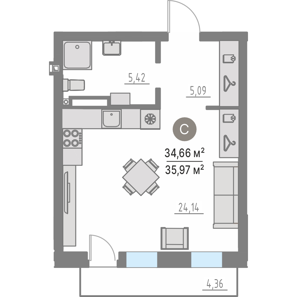 Планировка: Студия 34 м² в ЖК Кипрея, Область