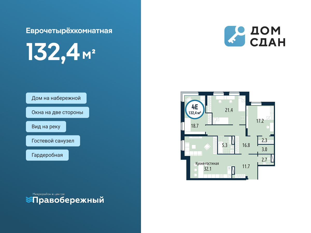 Планировка: 4-комнатная евро 132.4 м² в ЖК Правобережный, Центр