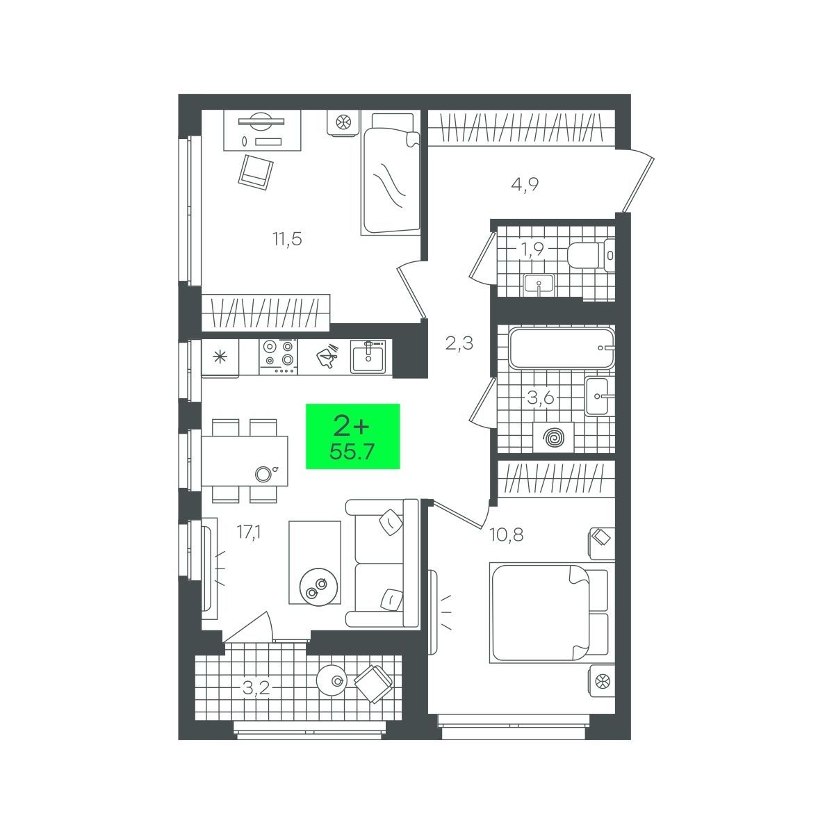 Планировка: Евротрешка 55.7 м² в ЖК Сезоны, От Слободы до Комарово парк