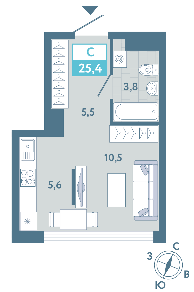 Планировка: Студия 25.4 м² в ЖК AIRIS, Комарово Парк