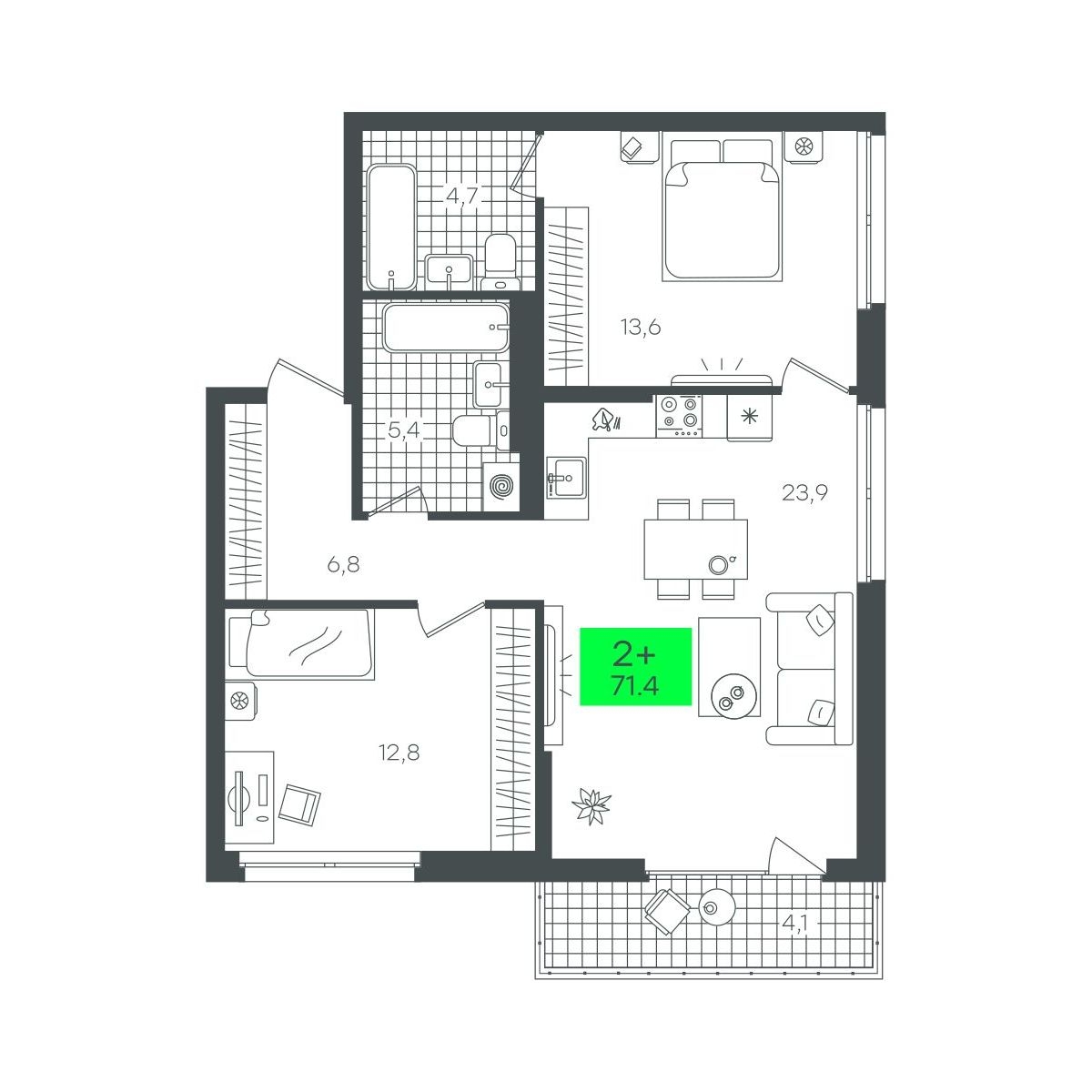 Планировка: Евротрешка 71.5 м² в ЖК Сезоны, От Слободы до Комарово парк