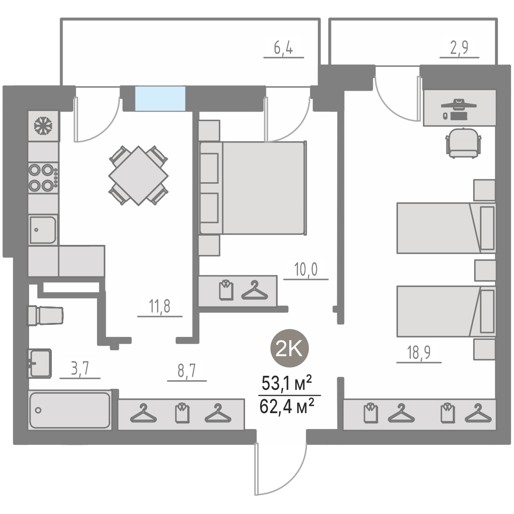 Планировка: 2-комнатная 53.1 м² в ЖК Кипрея, Область