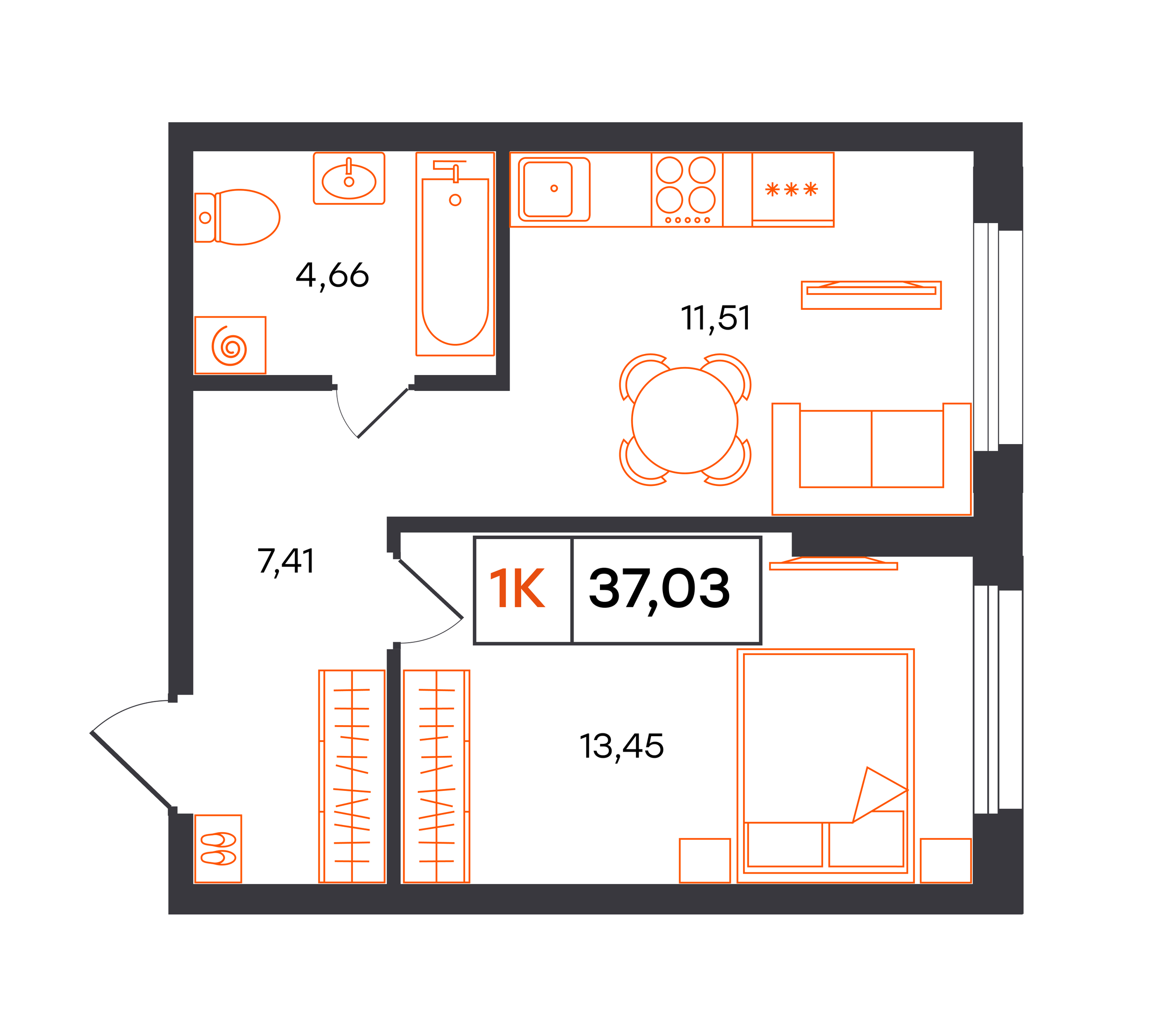 Планировка: 1-комнатная 37 м² в ЖК Фатера, Дом Обороны