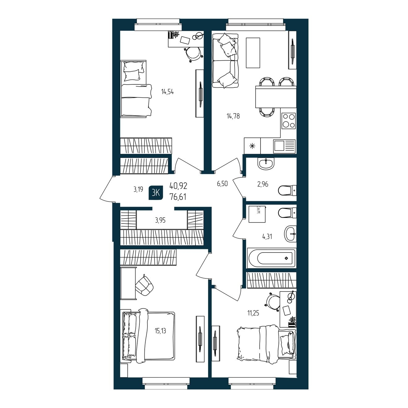 Планировка: 4-комнатная евро 76.6 м² в ЖК Квартал мятный, Мыс