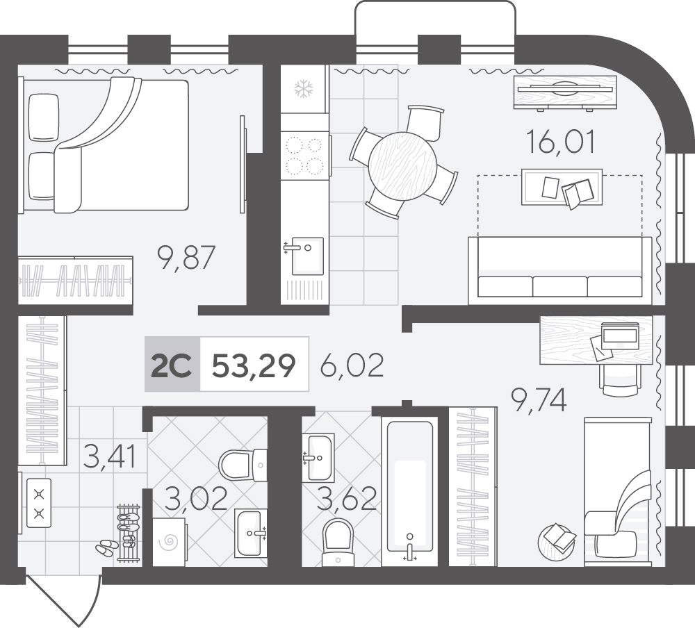 Планировка: Евротрешка 51.7 м² в ЖК Скандиа. Квартал в Комарово Парк, Комарово Парк