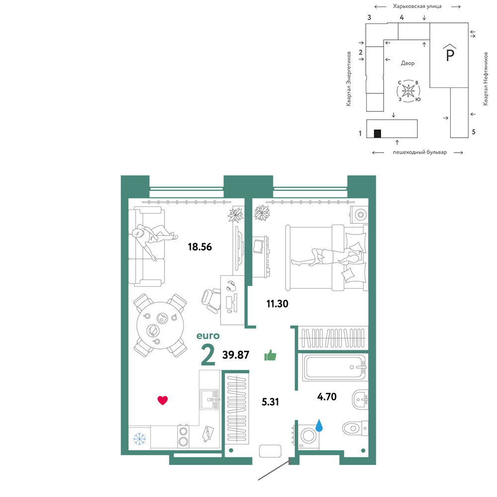 Планировка: Евродвушка 39.9 м² в ЖК Сердце Сибири, Центр: КПД