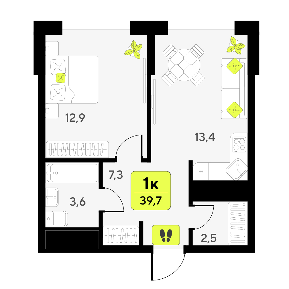 Планировка: Евродвушка 39.7 м² в ЖК Мотивы, От Плеханова до Южного
