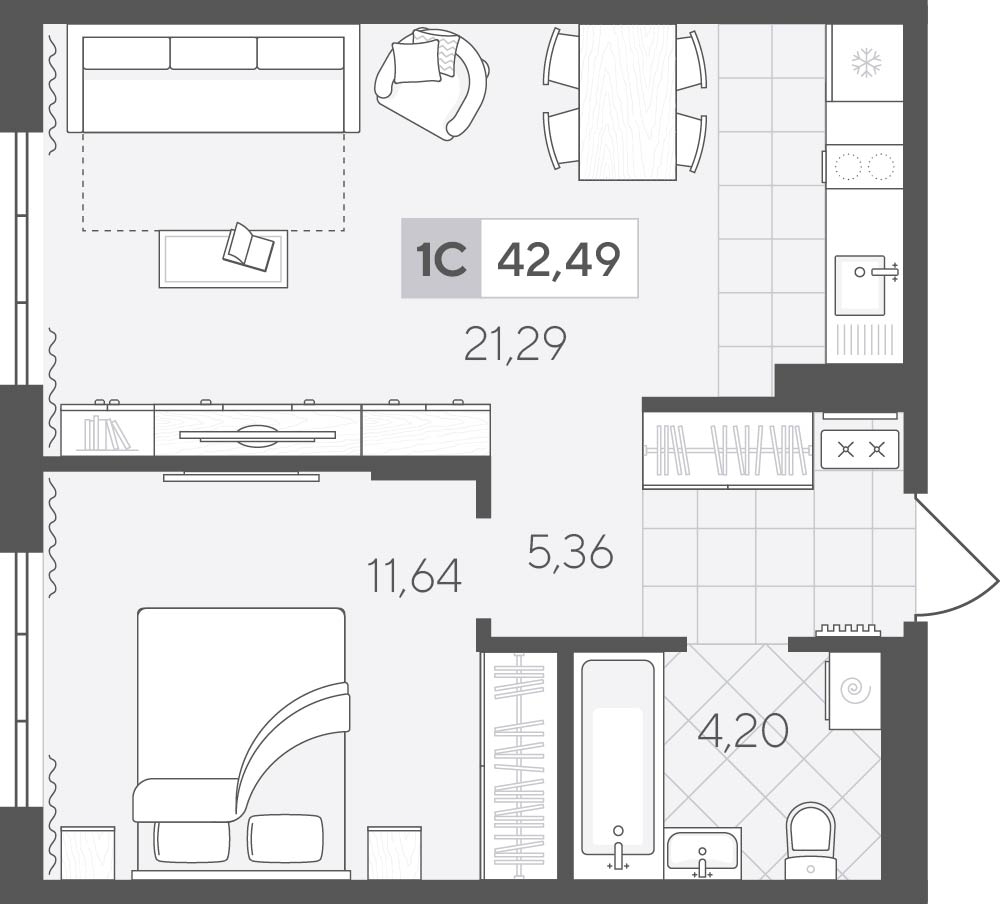 Планировка: Евродвушка 42.5 м² в ЖК Скандиа. Квартал у озера, Лесобаза