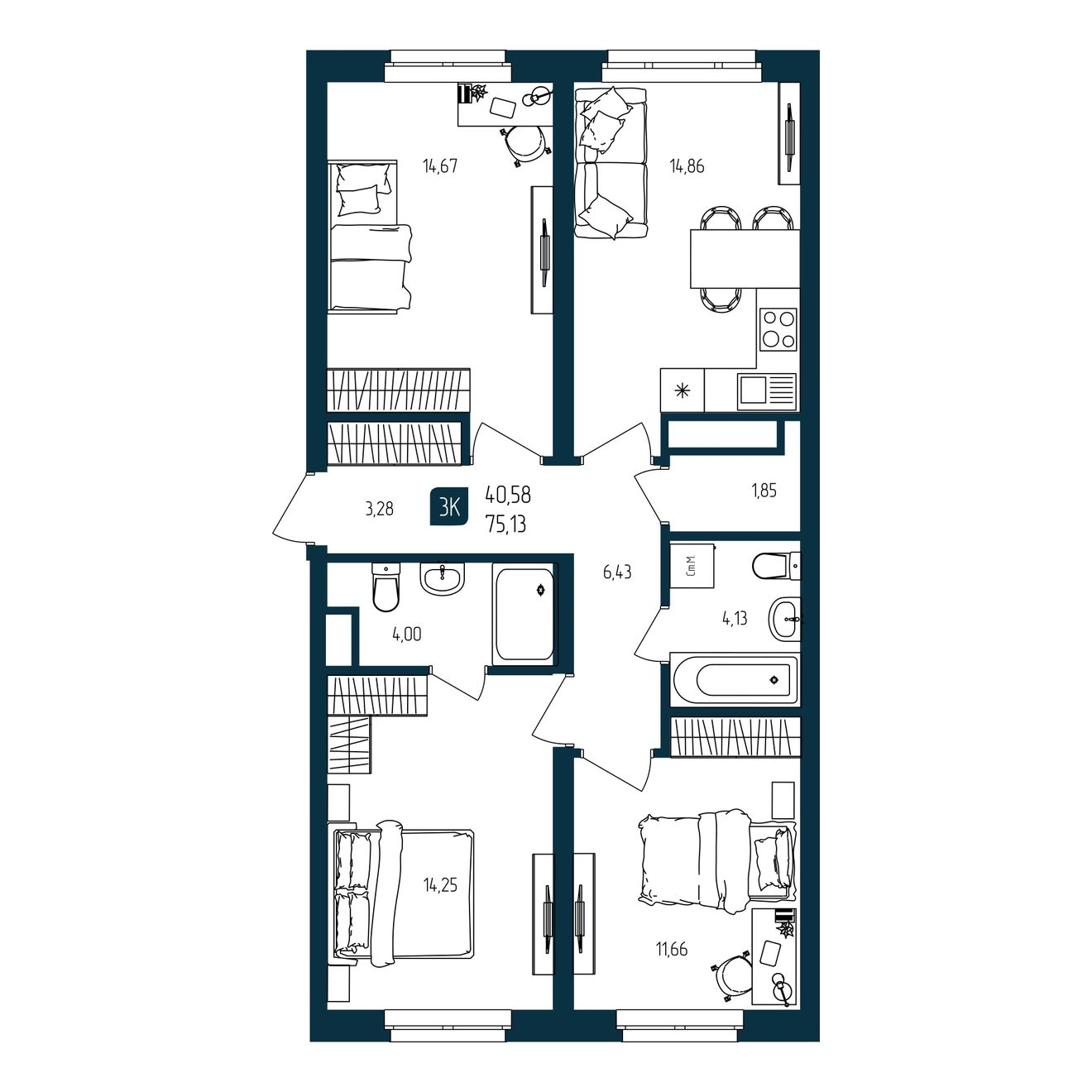 Планировка: 4-комнатная евро 75.1 м² в ЖК Квартал мятный, Мыс