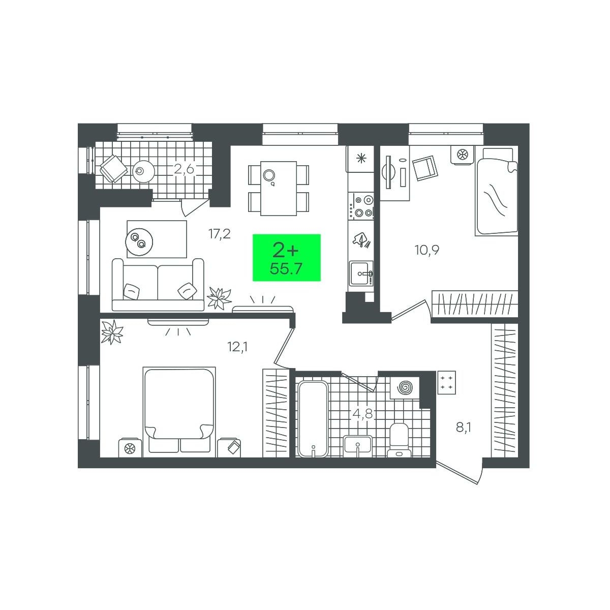 Планировка: Евротрешка 55.7 м² в ЖК Сезоны, От Слободы до Комарово парк