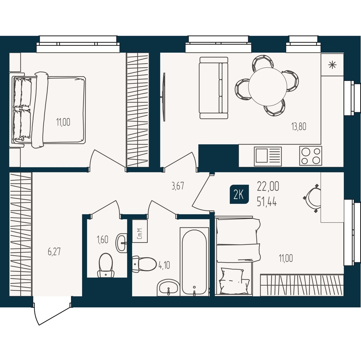 Планировка: Евротрешка 51.4 м² в ЖК Квартал мятный, Мыс