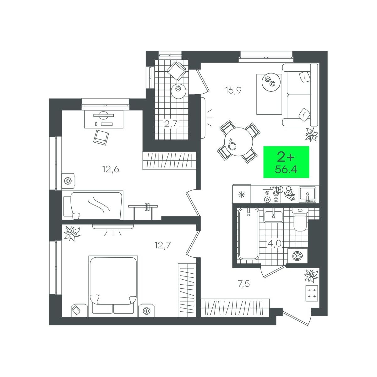 Планировка: Евротрешка 56.4 м² в ЖК Сезоны, От Слободы до Комарово парк