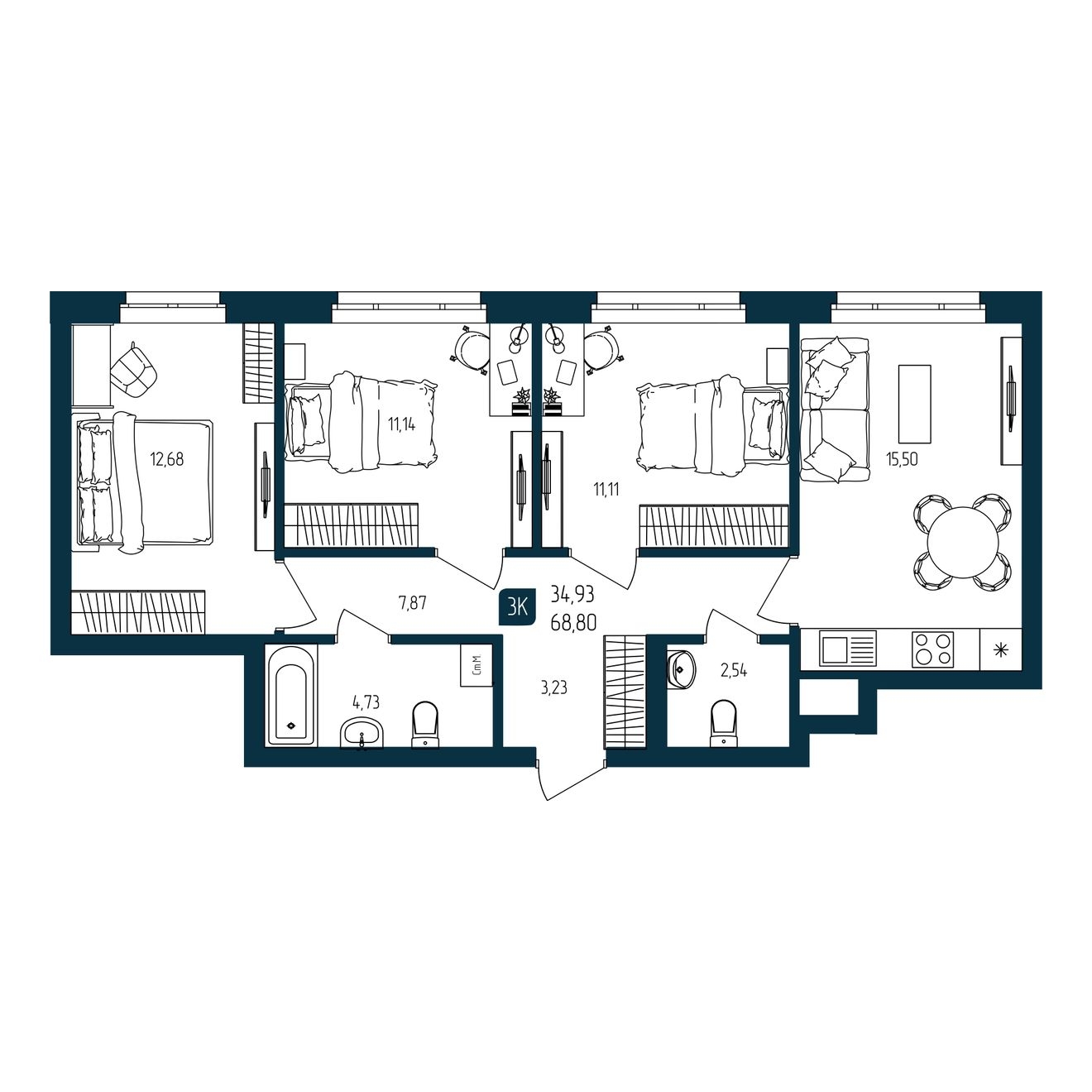 Планировка: 4-комнатная евро 68.8 м² в ЖК Квартал мятный, Мыс