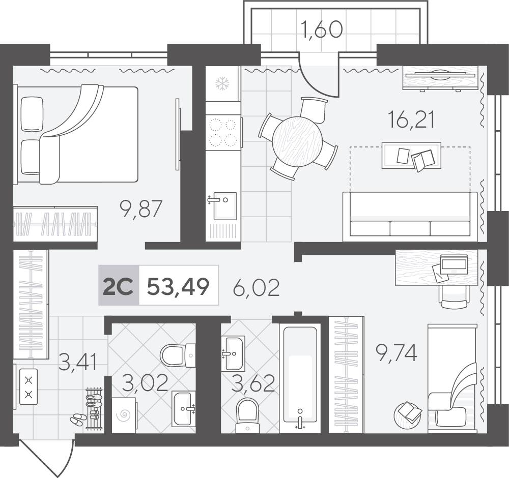 Планировка: Евротрешка 53.5 м² в ЖК Скандиа. Квартал в Комарово Парк, Комарово Парк