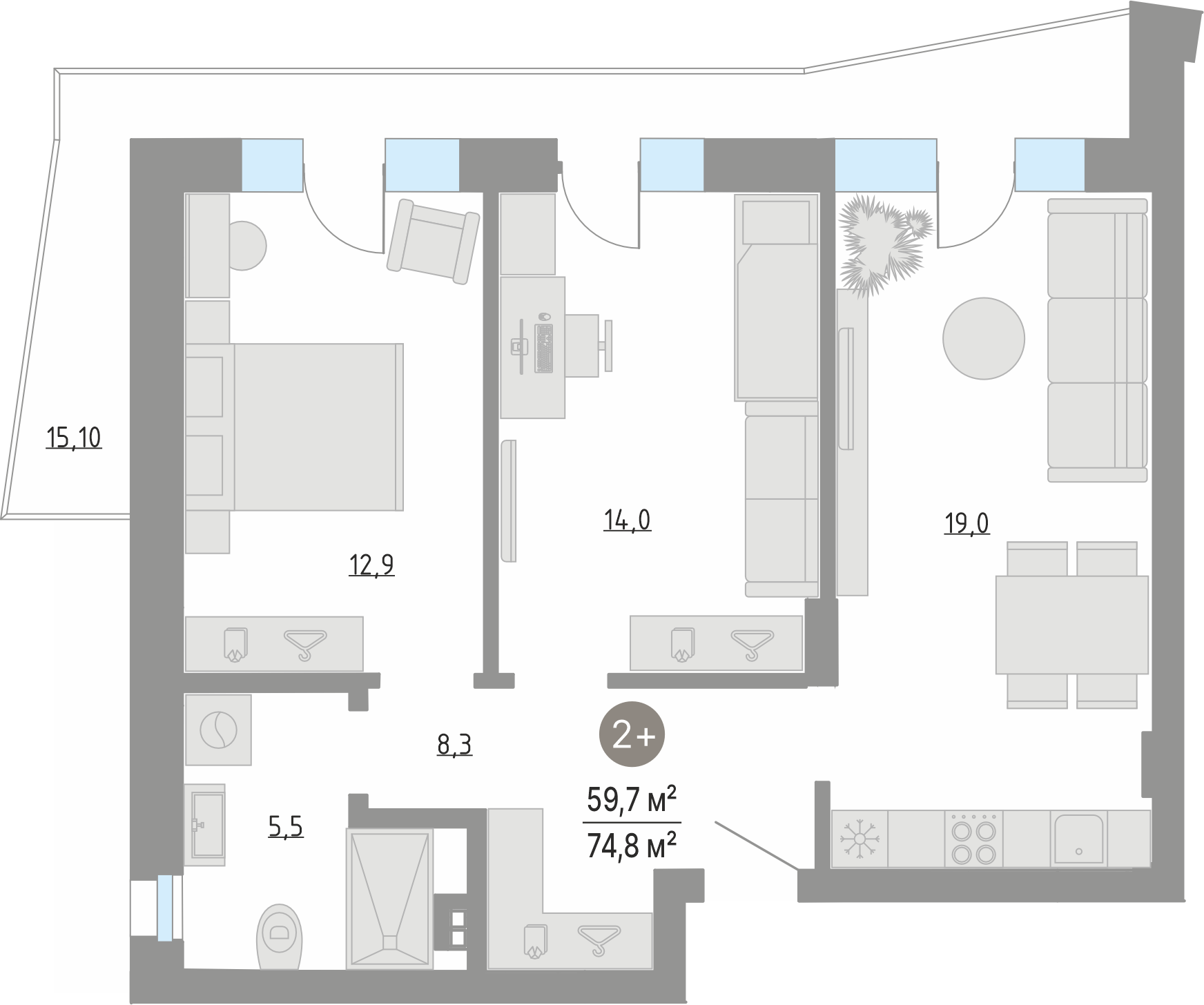 Планировка: Евротрешка 59.7 м² в ЖК Кипрея, Область